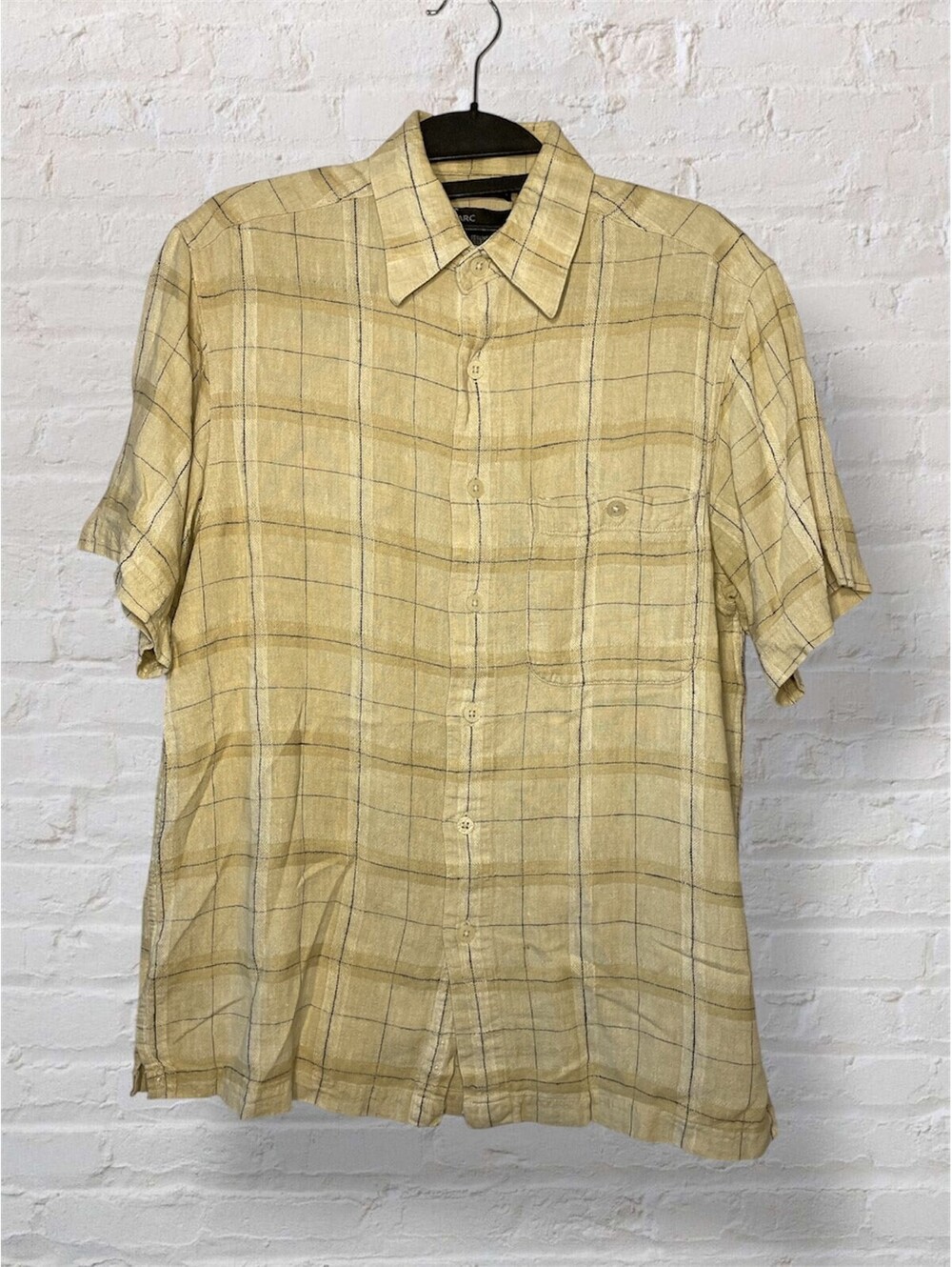 Marc Edwards Men’s Linen Blend Plaid Shirt Short Sleeve Yellow Beige Button Up S